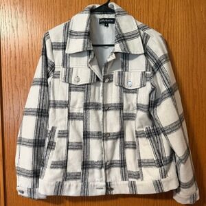 Eilly Bazar Plaid Jacket Button Up White Black Medium